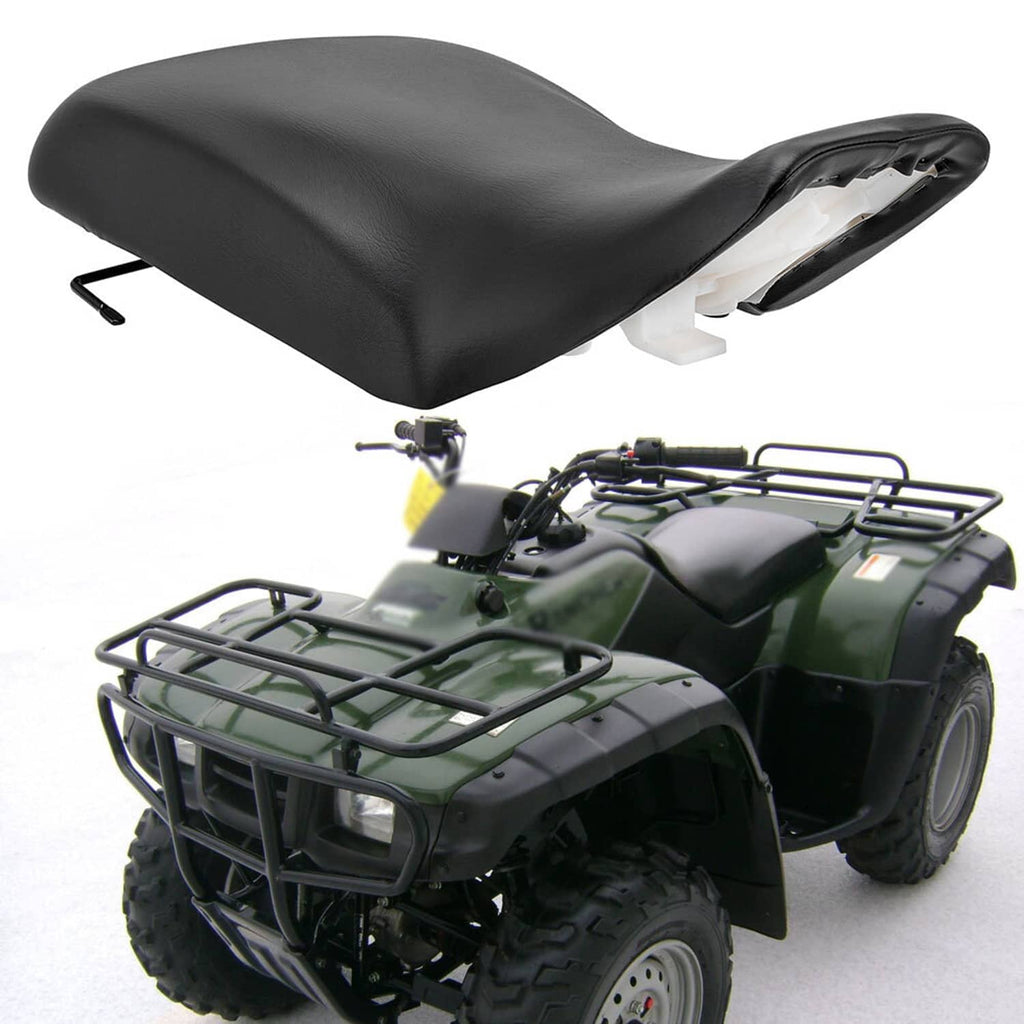 Black ATV seat with underside mounting base and metal attachment clips