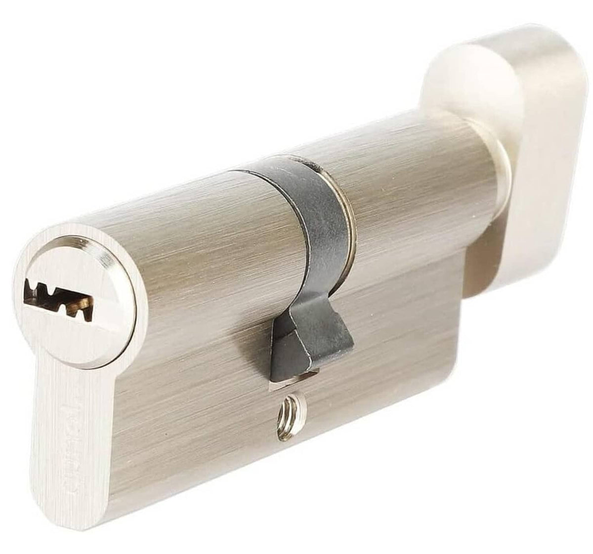 Brushed metal lock cylinder with key slot and thumb-turn style end cap
