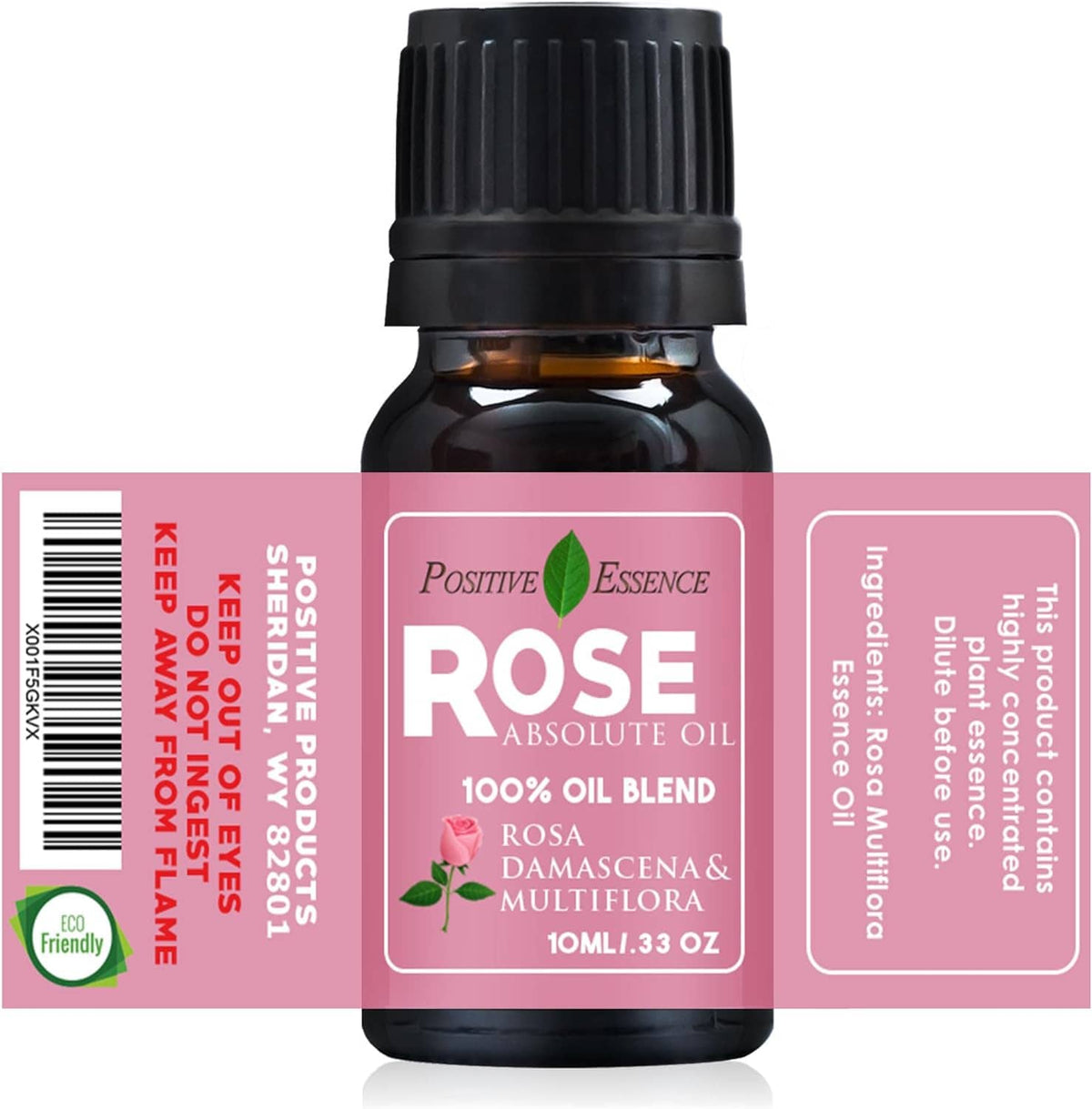 Rose absolute oil bottle label showing barcode and product details on pink background