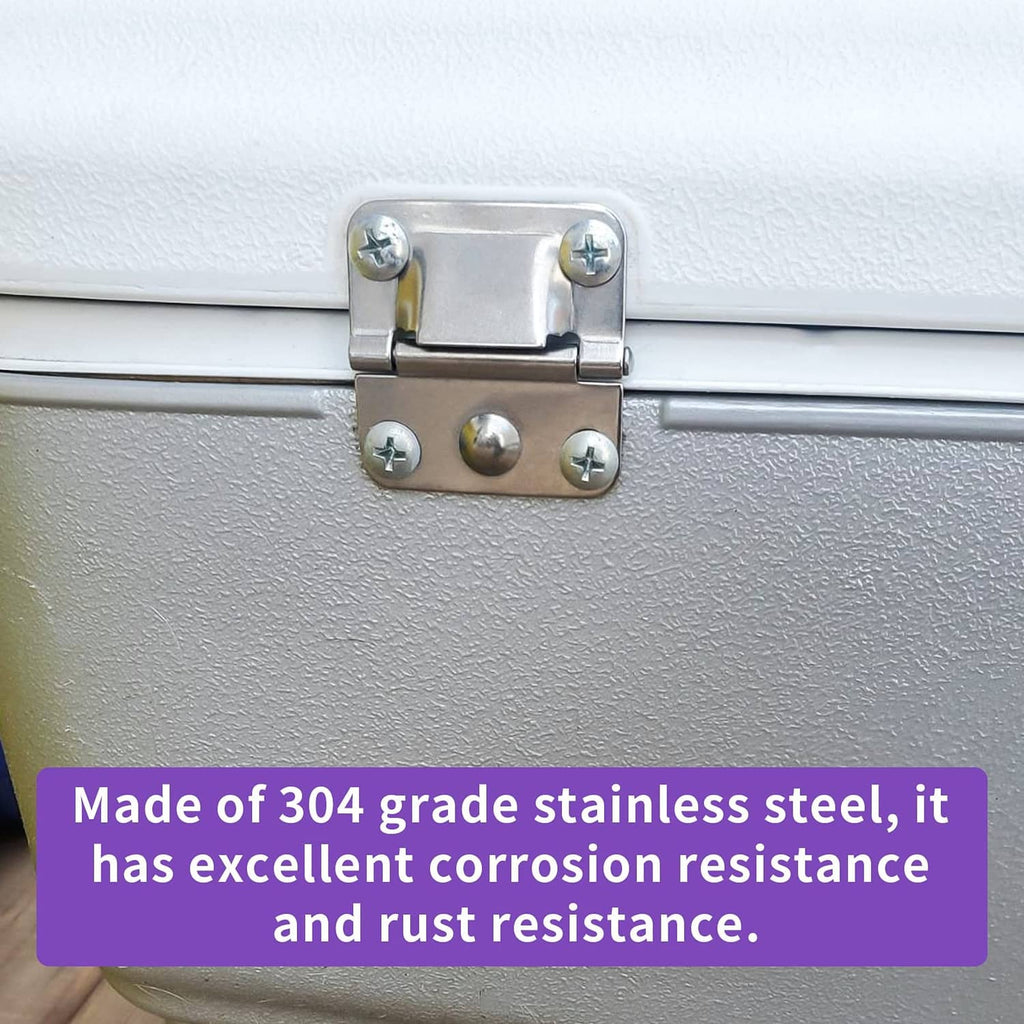 Installed stainless steel cooler hinge with four screws on lid edge.
