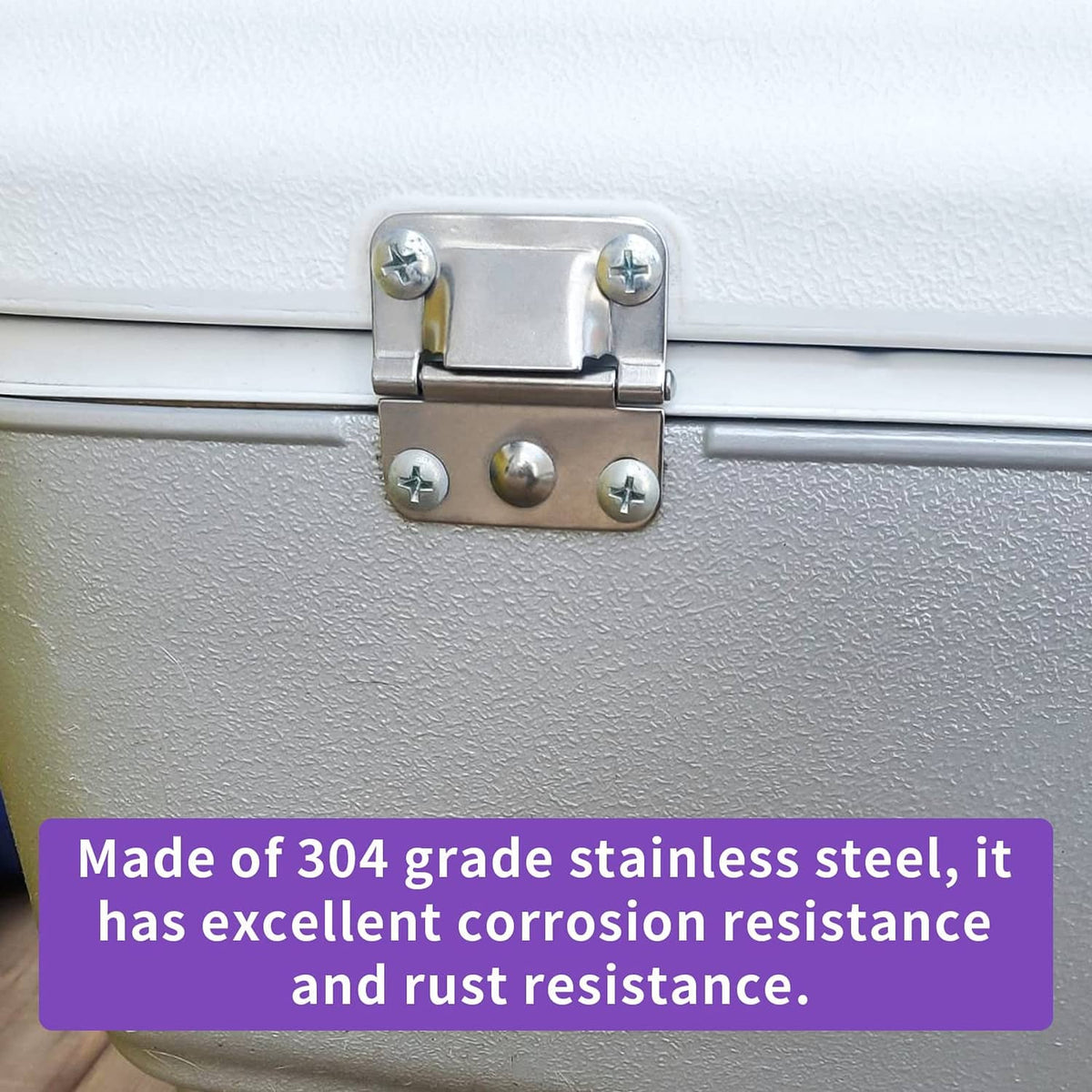 Installed stainless steel cooler hinge with four screws on lid edge.