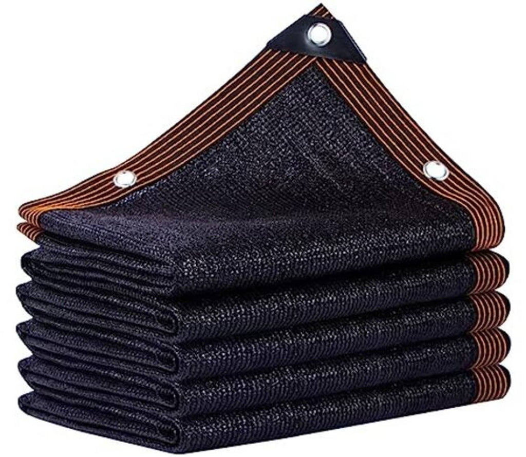 Dark mesh shade tarp corner with brown binding and round metal grommets