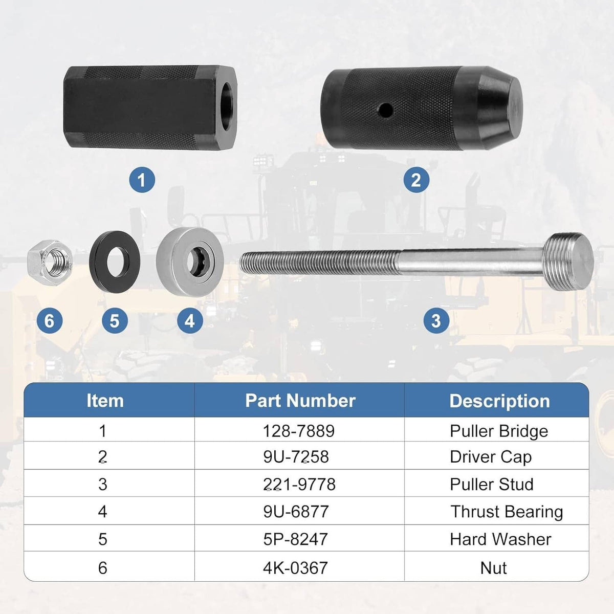 Injector sleeve remover tool set: black driver caps, washers, threaded pull stud and nut