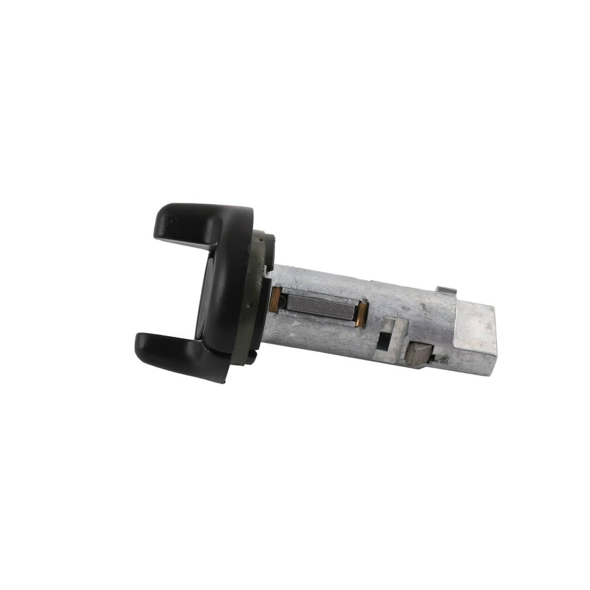 Ignition lock cylinder with black handle and silver key barrel, side view