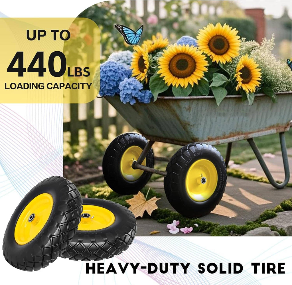 Two heavy-duty solid wheelbarrow tires with yellow centers and black tread