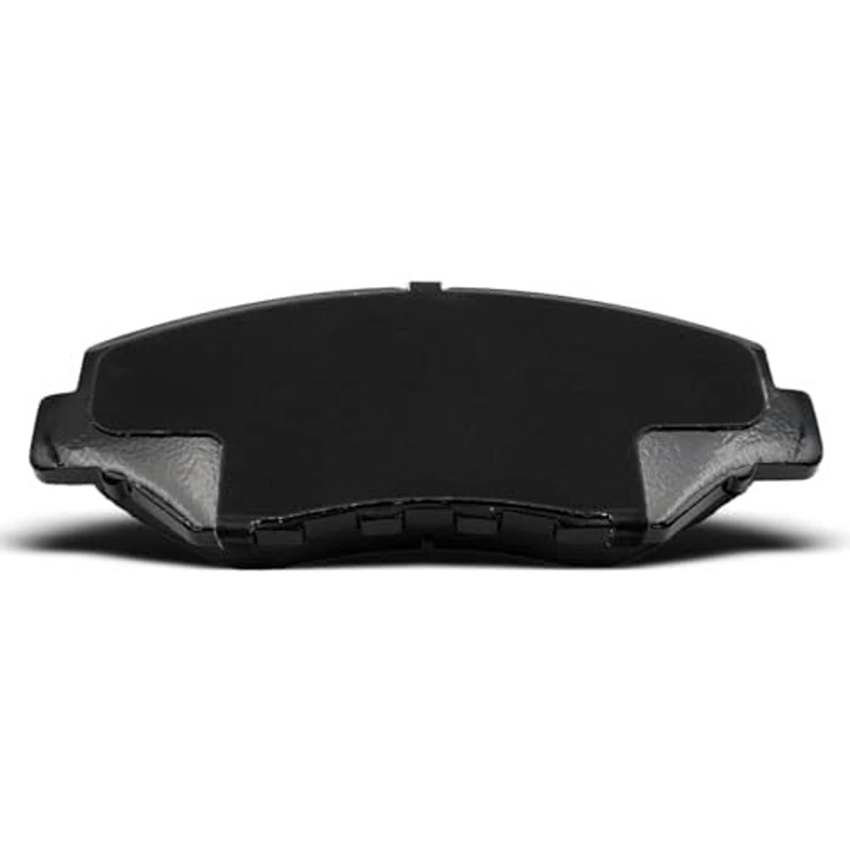 Single front ceramic brake pad, dark gray friction surface with center groove and tabs