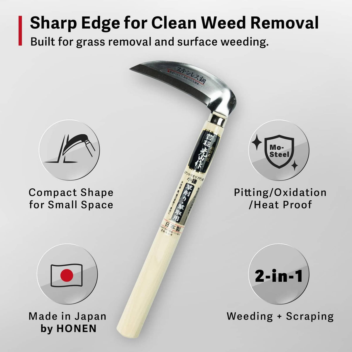 Japanese weeding sickle with curved stainless blade and light wood handle
