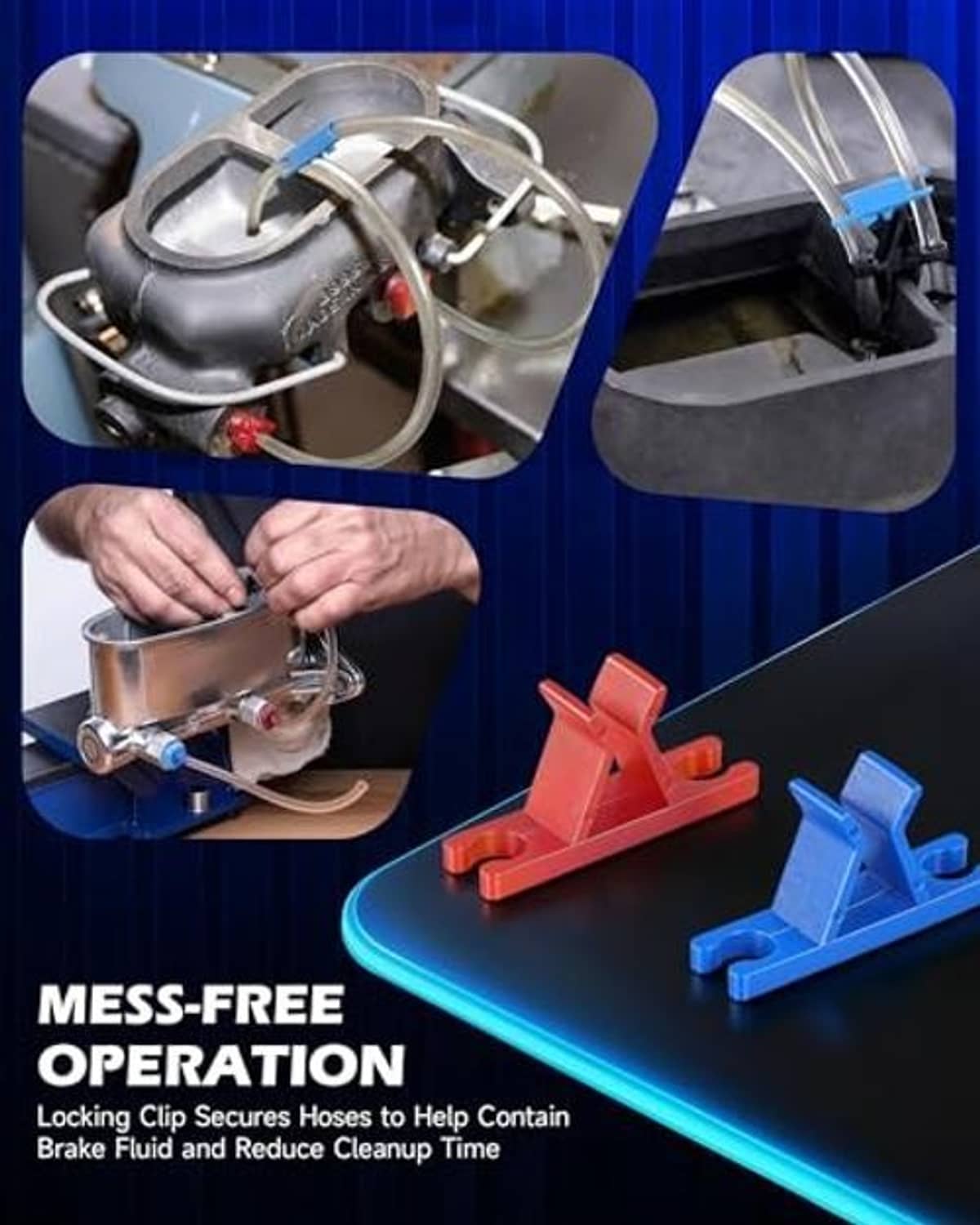 Brake bleeder kit with locking clips and hose connections for brake fluid lines