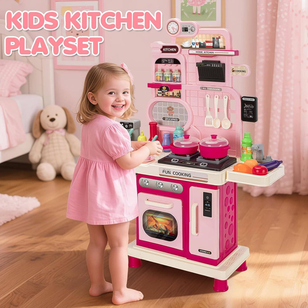 Kids kitchen playset toy with pink appliances and stovetop, shown with a child playing