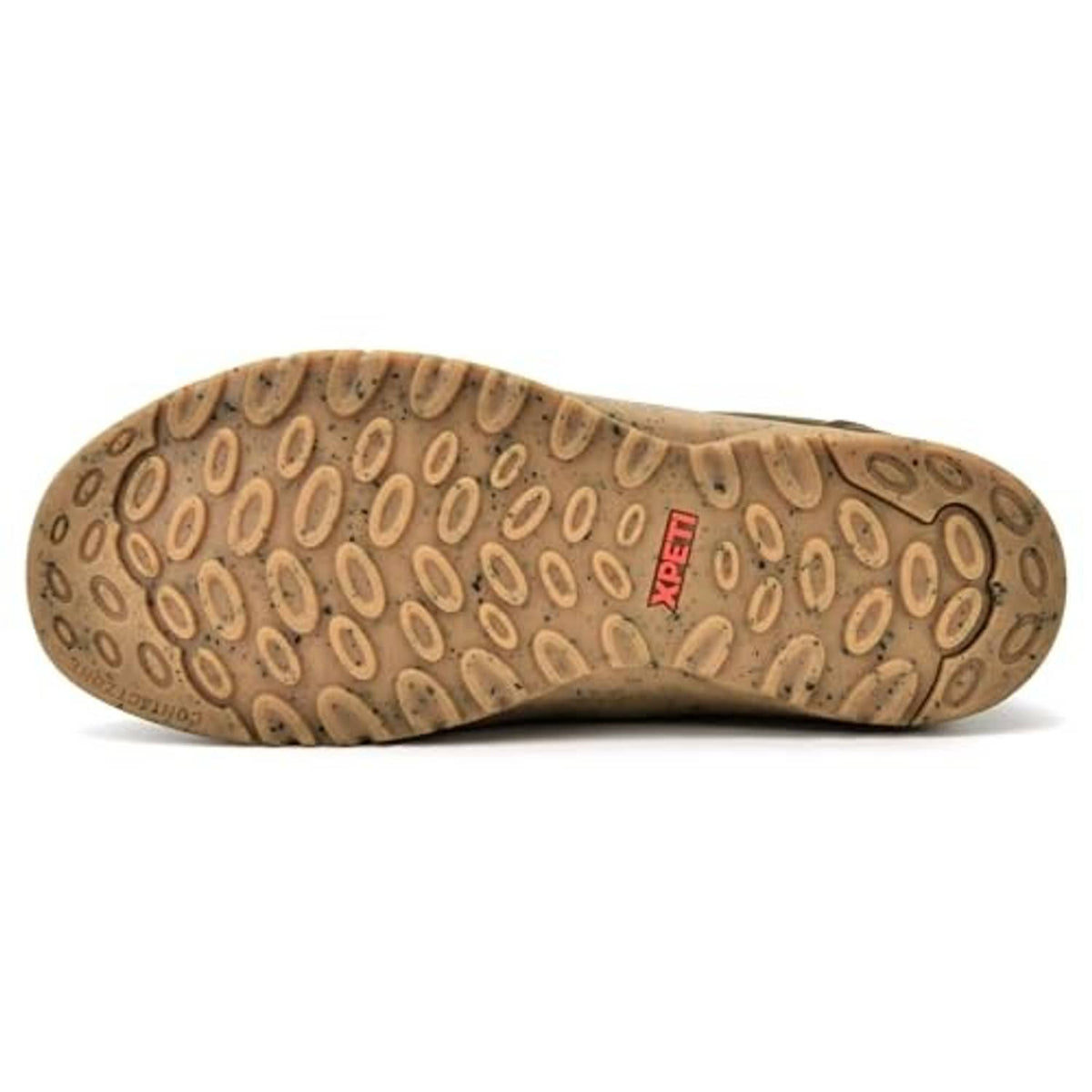 Brown rubber outsole with circular traction pattern for men's winter moc shoes