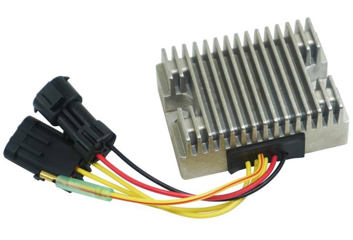 Voltage regulator with silver finned heatsink and two black electrical plugs, wire leads