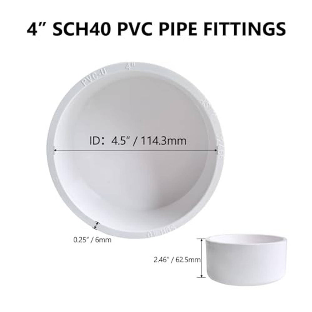 4-inch SCH40 PVC end cap, 4.5 in inside diameter, smooth round opening