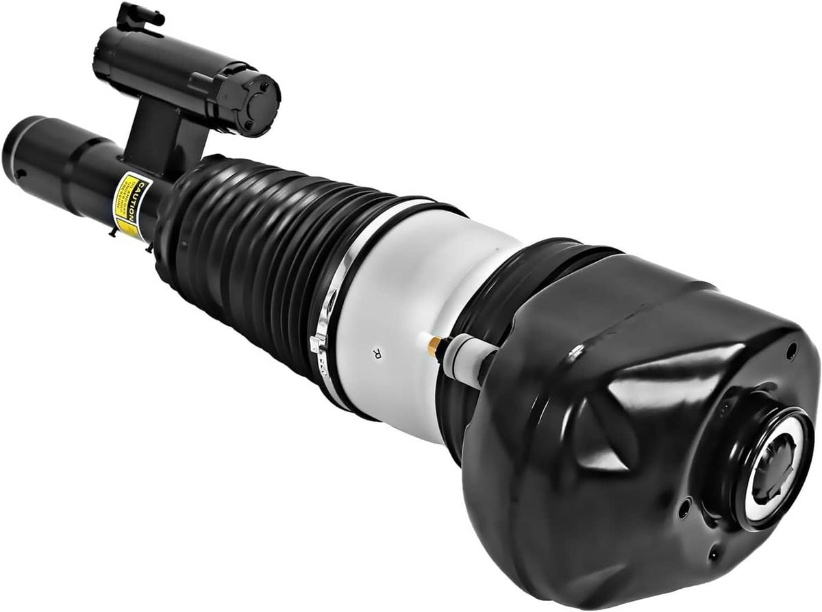 Air suspension strut with black mounting bracket and silver piston cylinder, front right