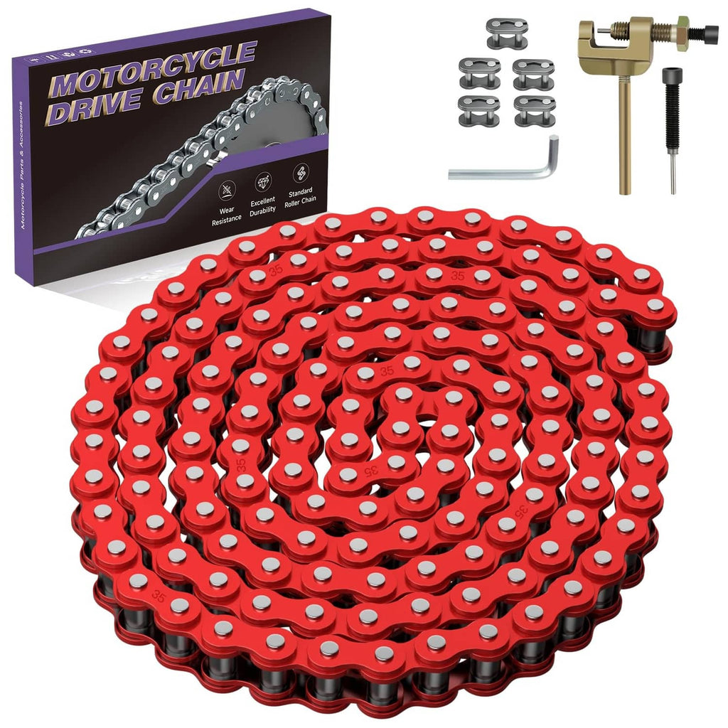 Red roller drive chain for mini bikes, full coil with silver pins and link plates.