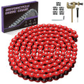 Red roller drive chain for mini bikes, full coil with silver pins and link plates.