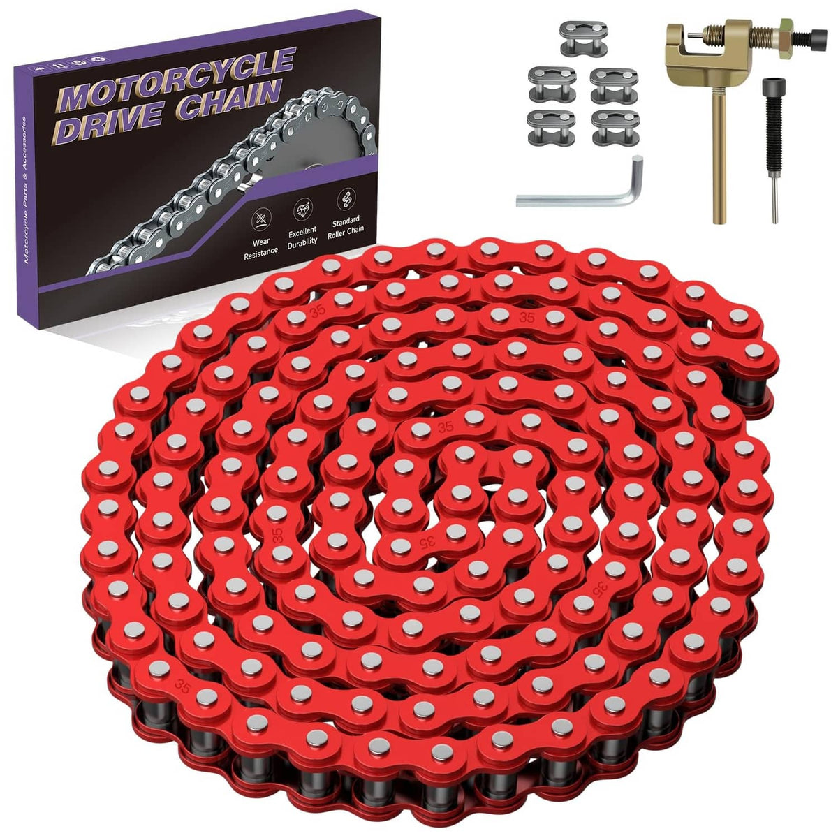 Red roller drive chain for mini bikes, full coil with silver pins and link plates.