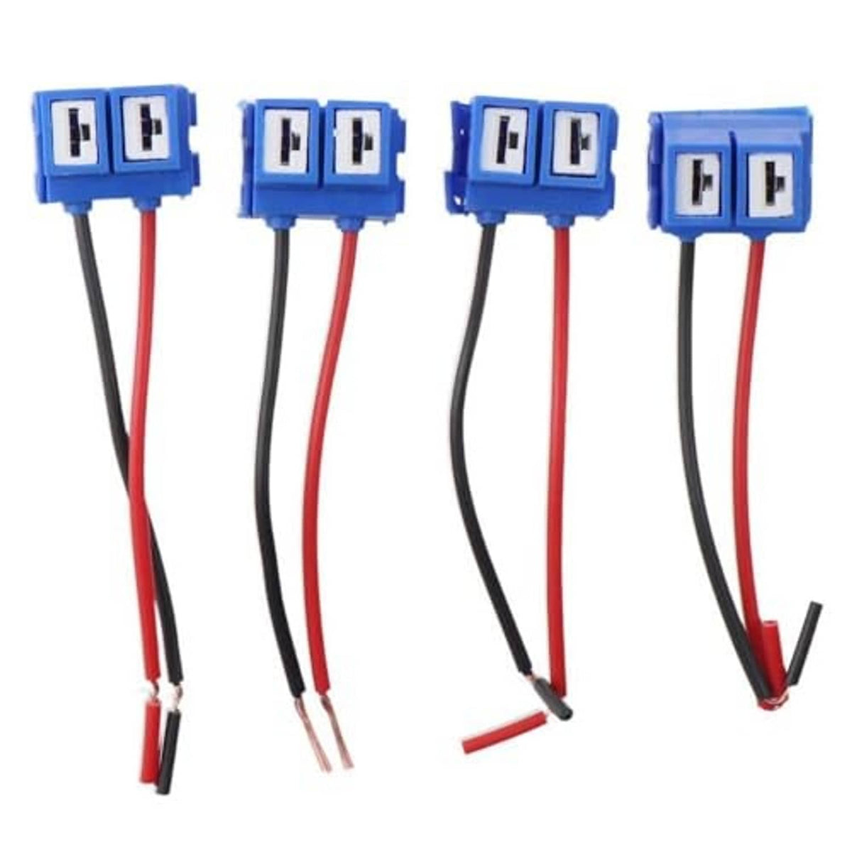 Four ceramic bulb socket pigtails with blue two-pin plugs and red/black leads