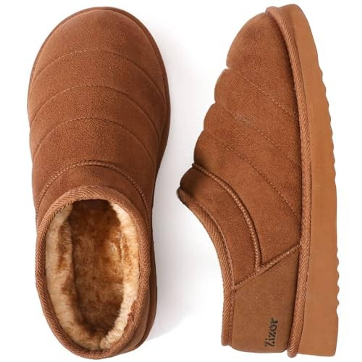 Tan men’s fur-lined house shoe slipper with cushioned collar and Zizor logo on heel.