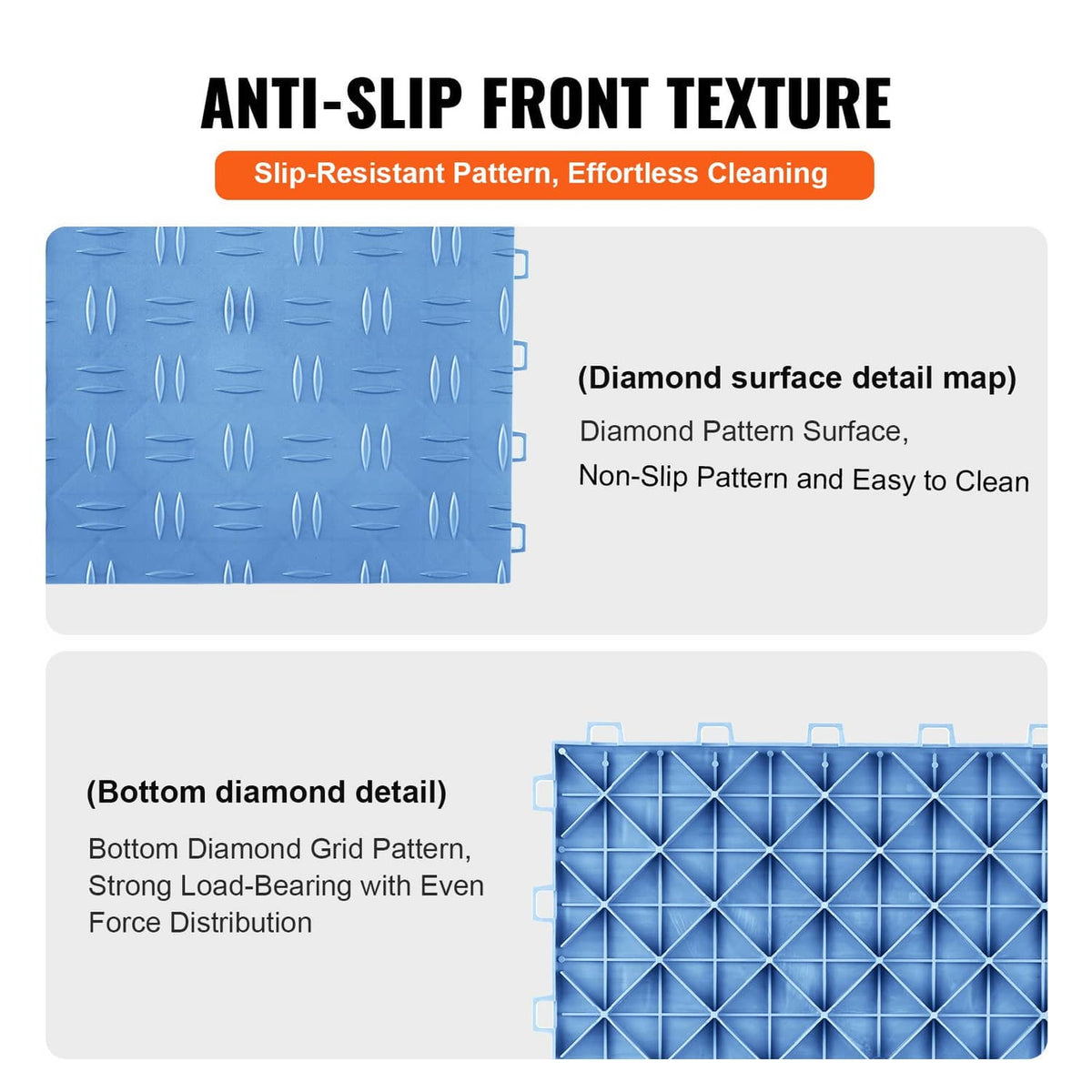Blue anti-slip garage floor tile with textured diamond surface and interlock underside