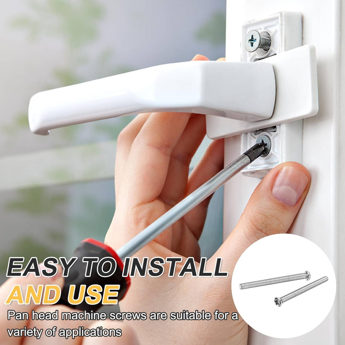 Pan head machine screw installed on cabinet hinge hardware with screwdriver