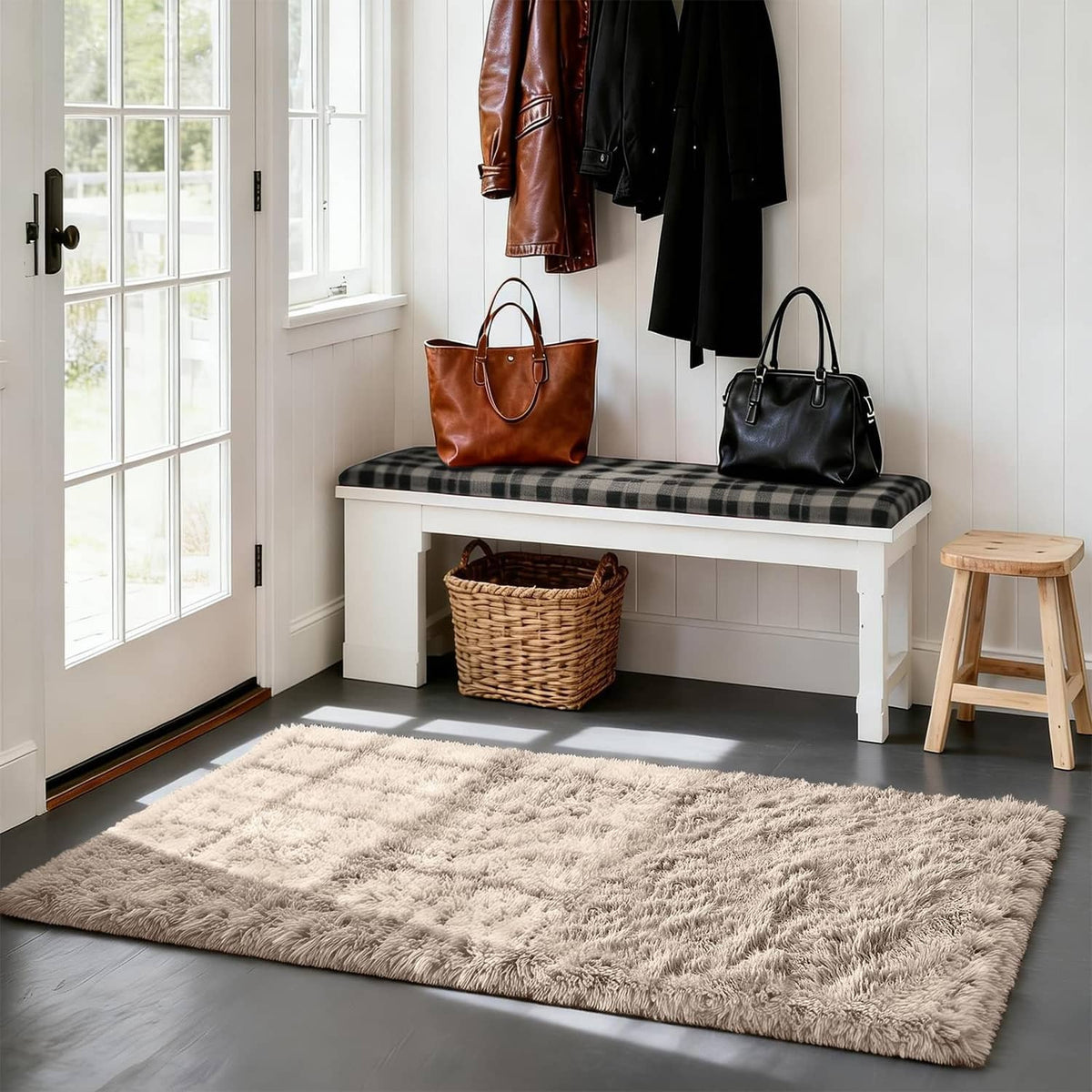 Beige fluffy shag rectangular area rug with thick textured pile, 3x5 size