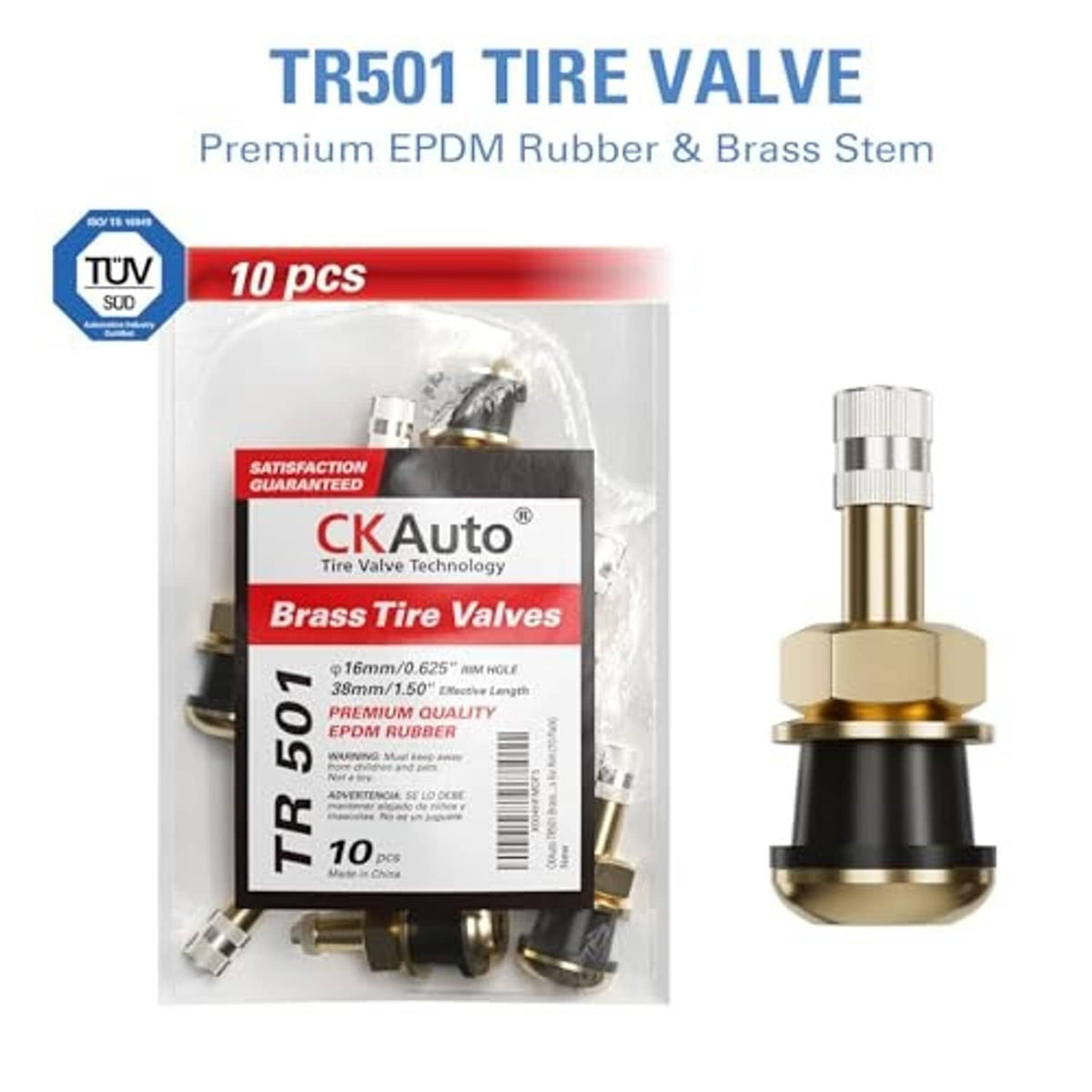 Tire valve stem 10-pack with brass stems and black rubber bases, retail package