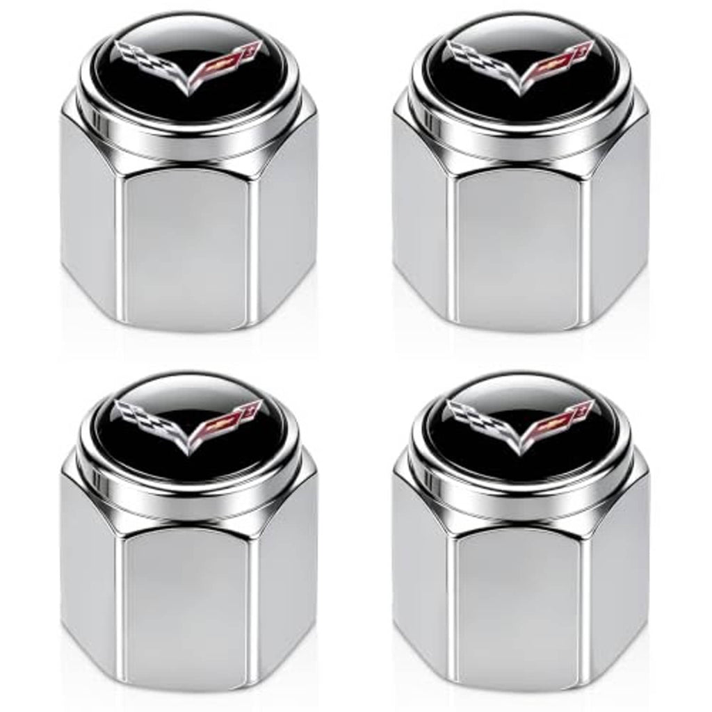 Set of silver metal tire valve stem caps with black top and Corvette-style emblem
