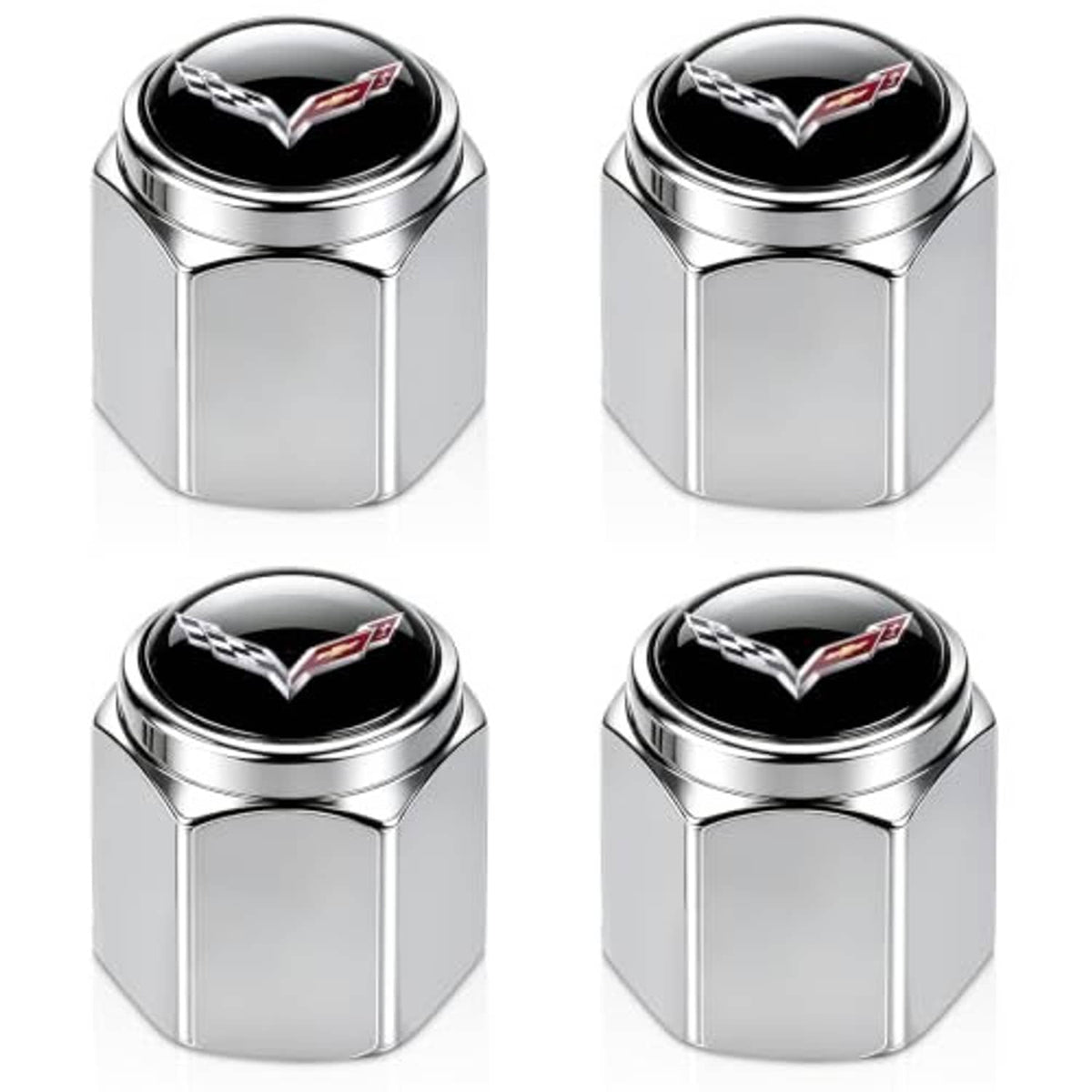 Set of silver metal tire valve stem caps with black top and Corvette-style emblem