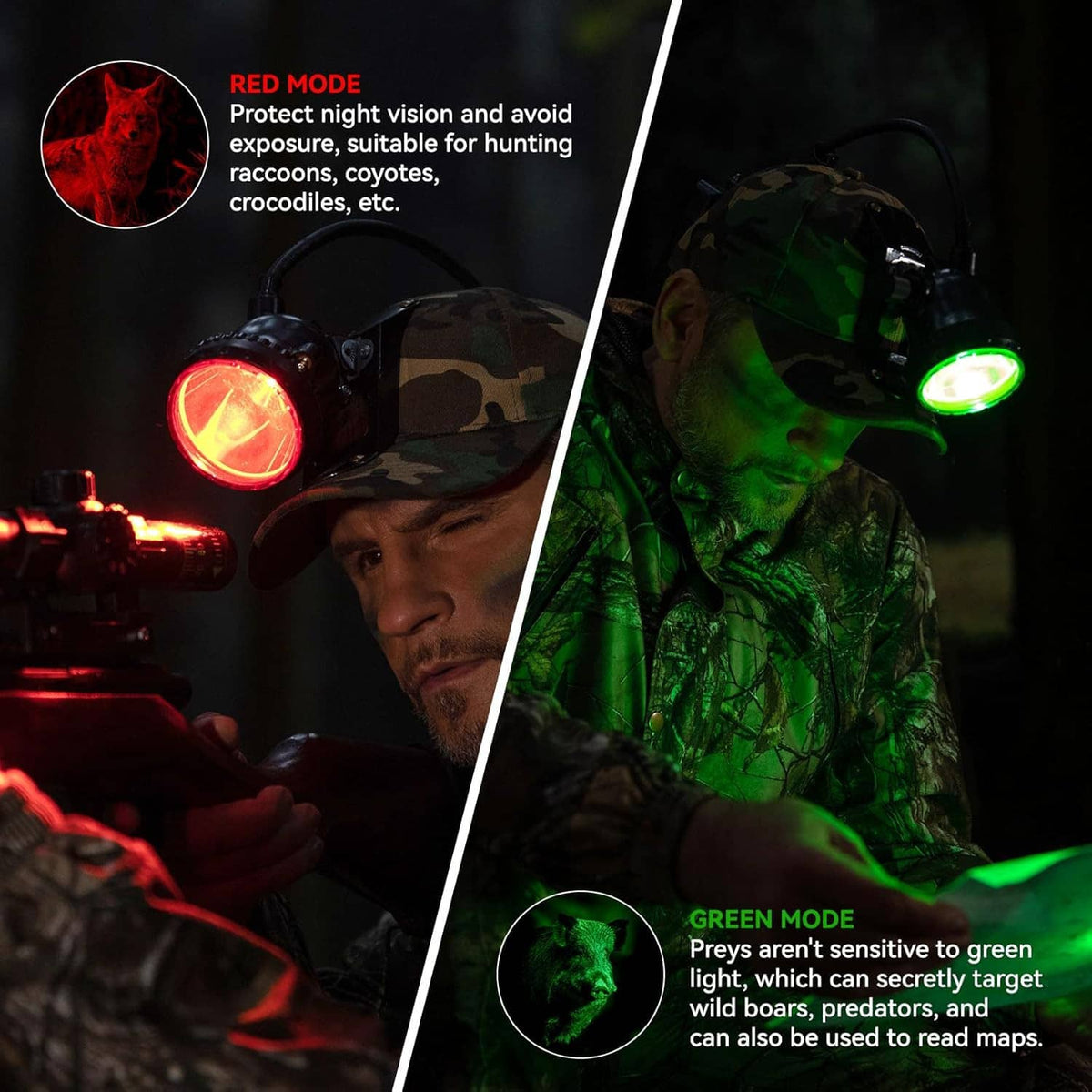Camouflage hunting headlamp hat with spotlight showing red and green light modes.