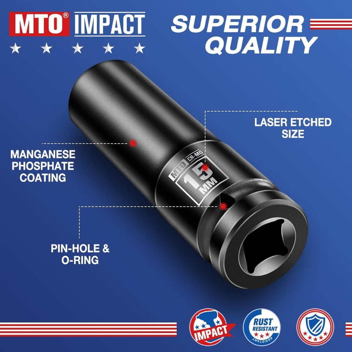 Black 15mm deep 6-point impact socket, 1/2" drive, with laser-etched markings