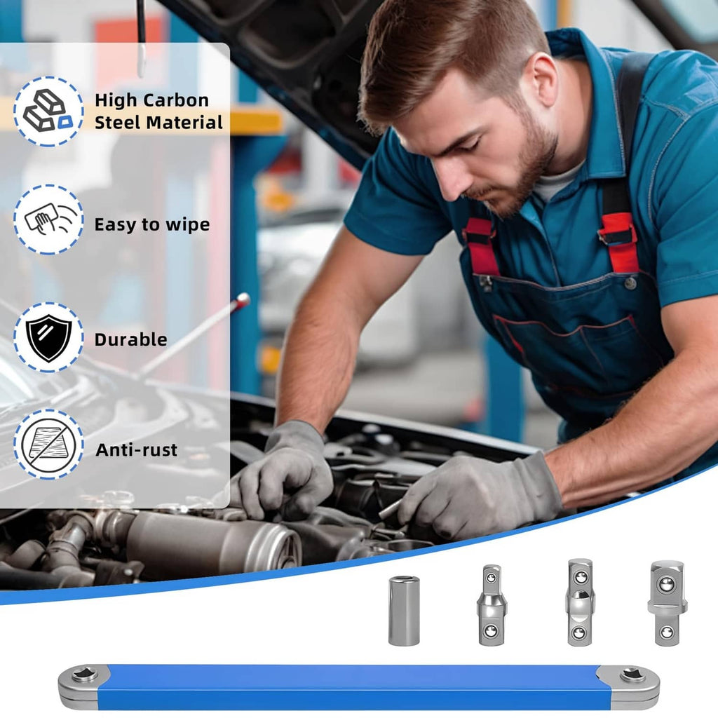 Blue offset extension wrench with socket adapters on a car engine during repair