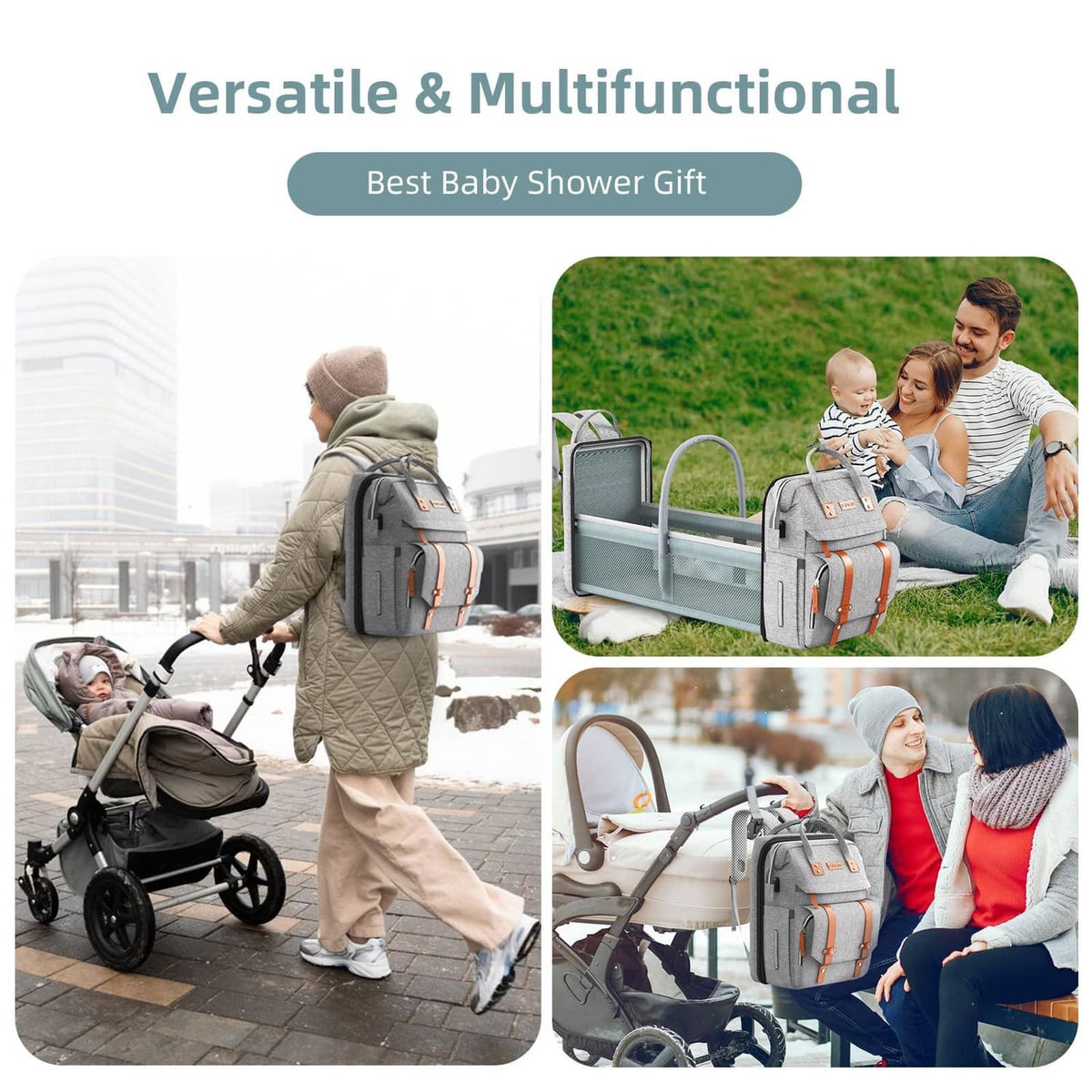 Dark grey diaper bag backpack with fold-out changing station for stroller travel