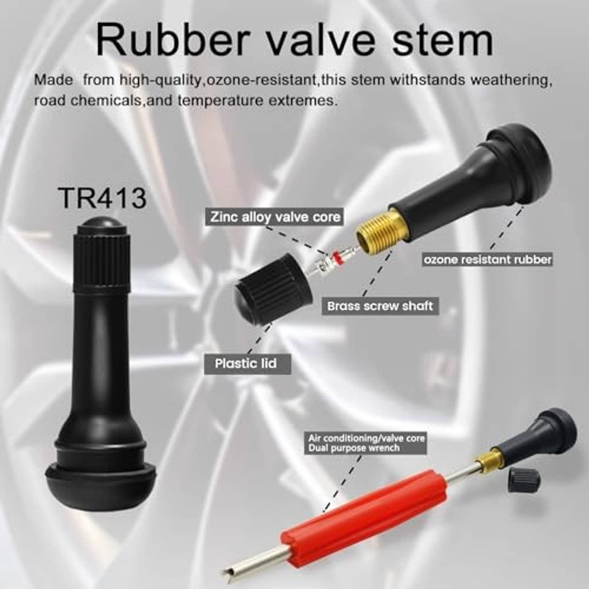 Rubber tire valve stem and zinc valve core with valve installation tools