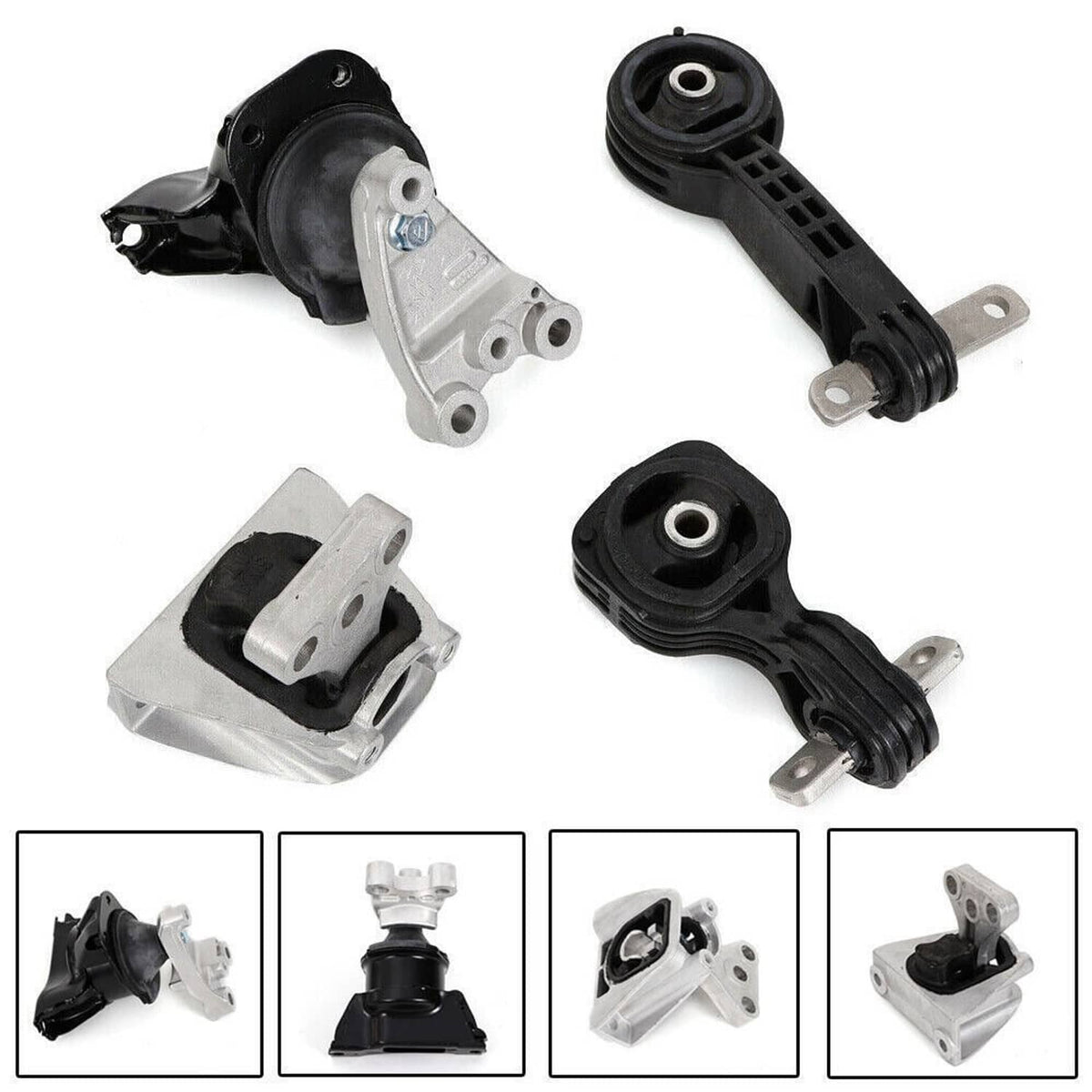 Engine mount set with black rubber isolators and silver brackets from multiple angles