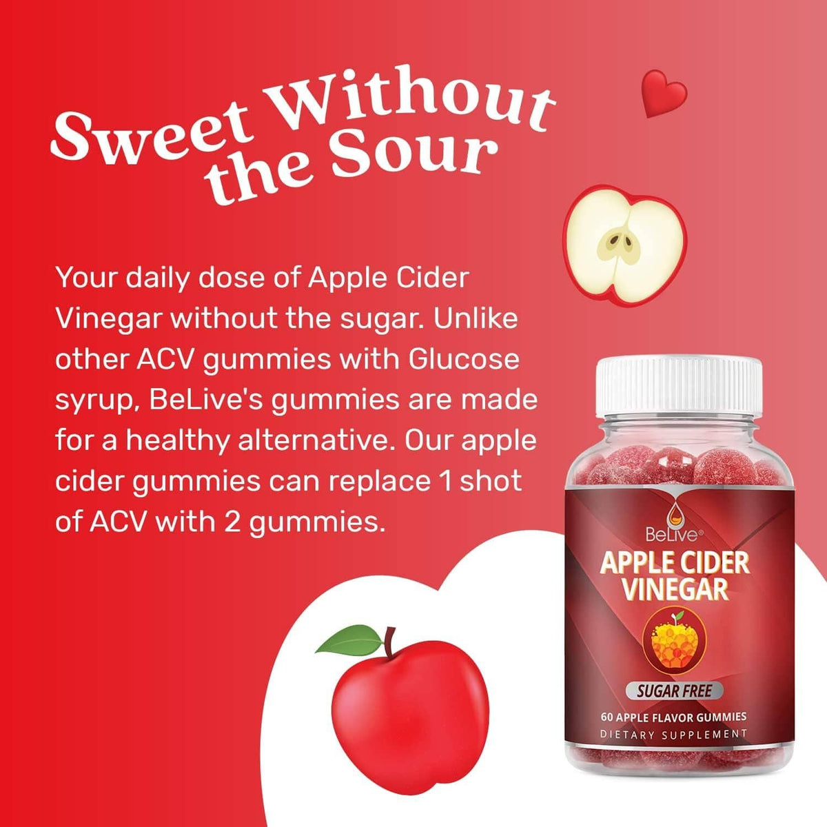 Sugar-free apple cider vinegar gummy bottle with 'Sweet Without the Sour' card