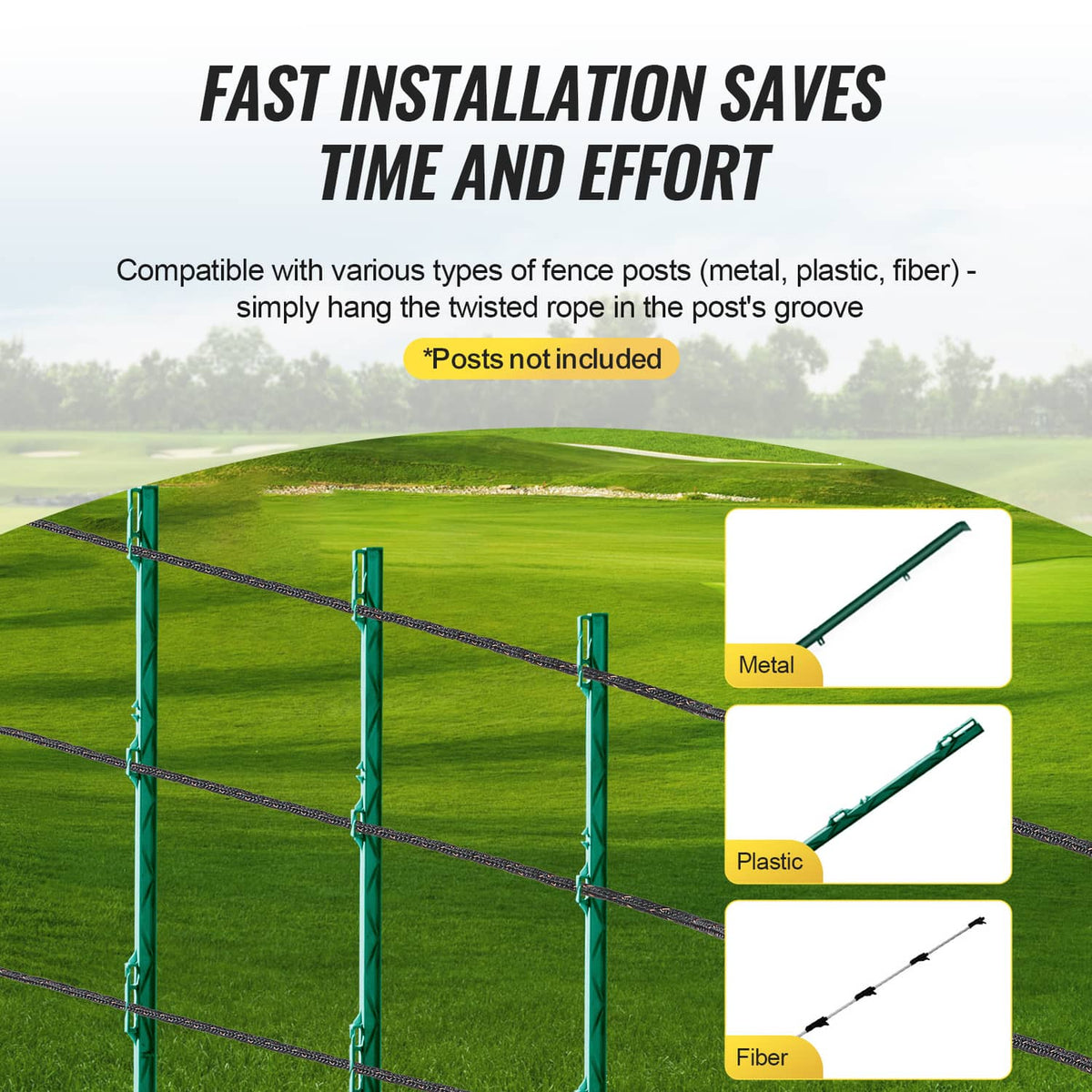 Electric fence wire running between green metal posts, with black twisted strands