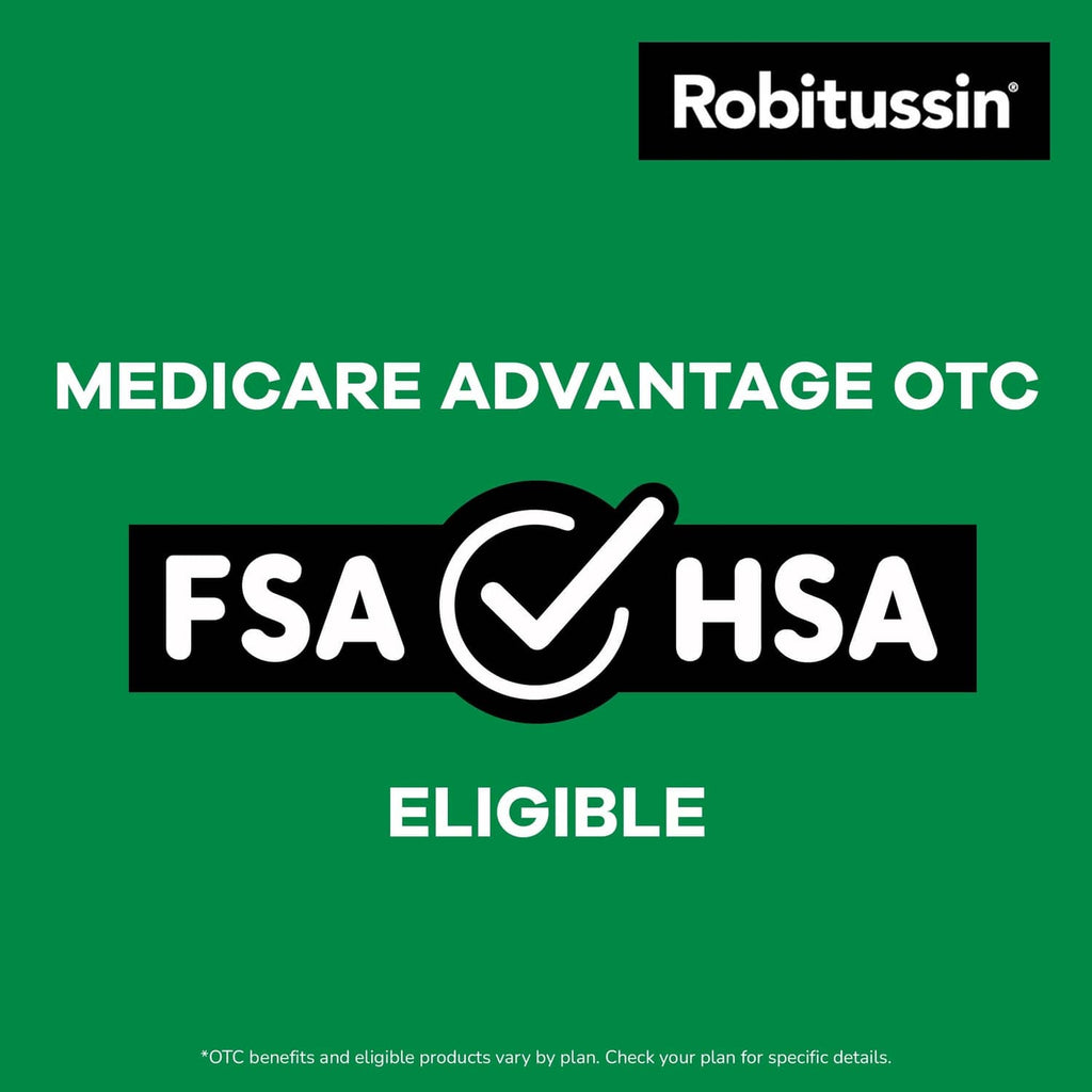 Medicare Advantage OTC FSA HSA eligible badge with Robitussin logo