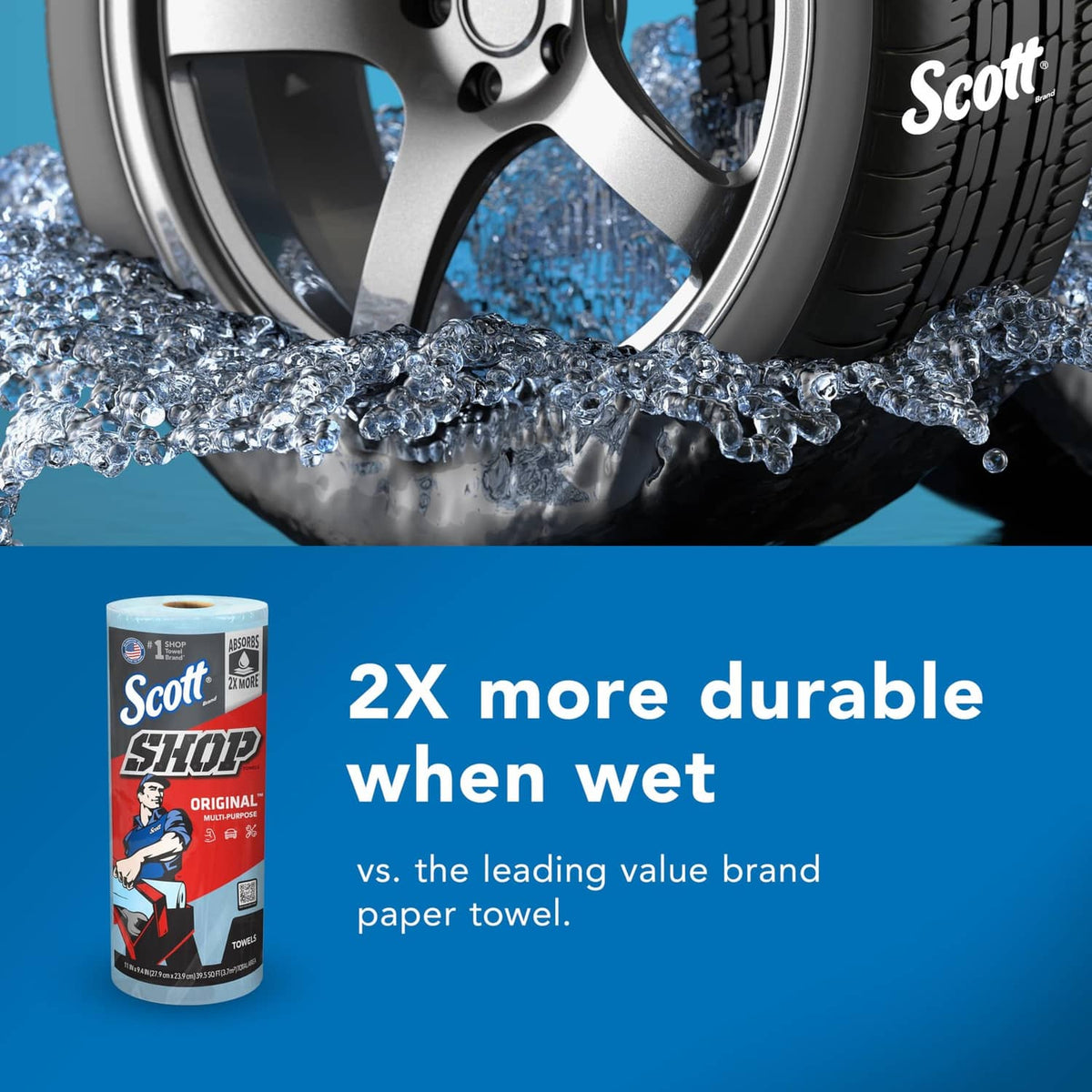 Scott Shop Original roll package next to wet-use graphic, 2x more durable when wet.
