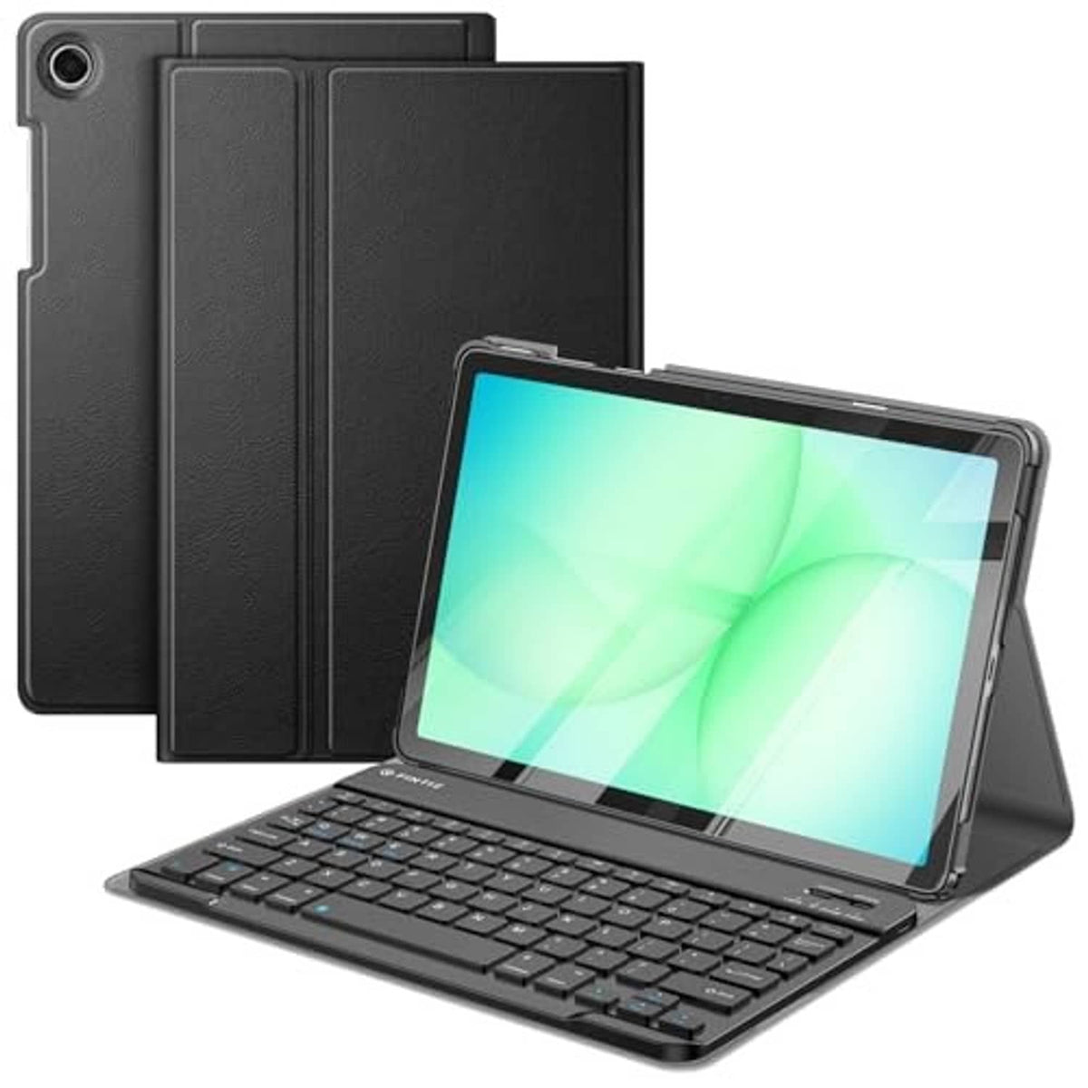 Black folio tablet case with built-in keyboard on a stand for typing