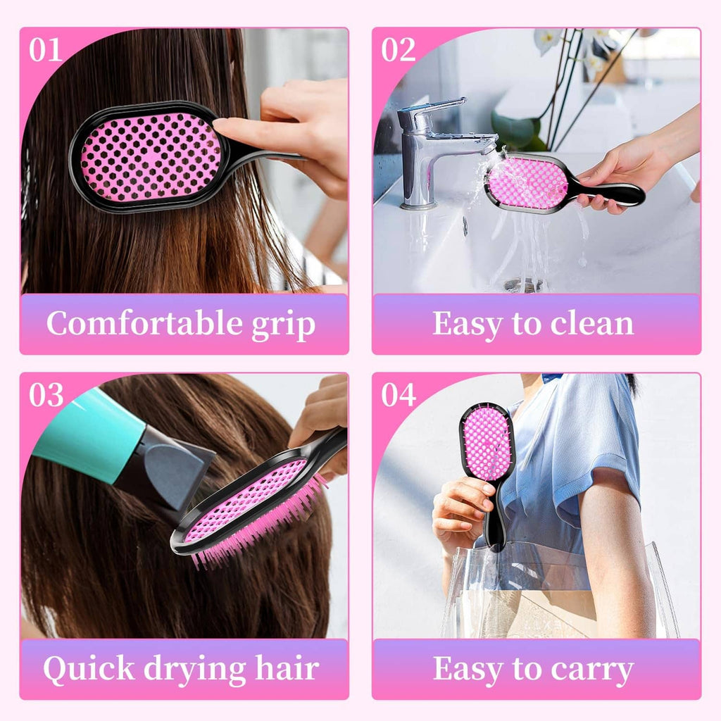 Pink vented detangling hair brush with black handle being used on hair