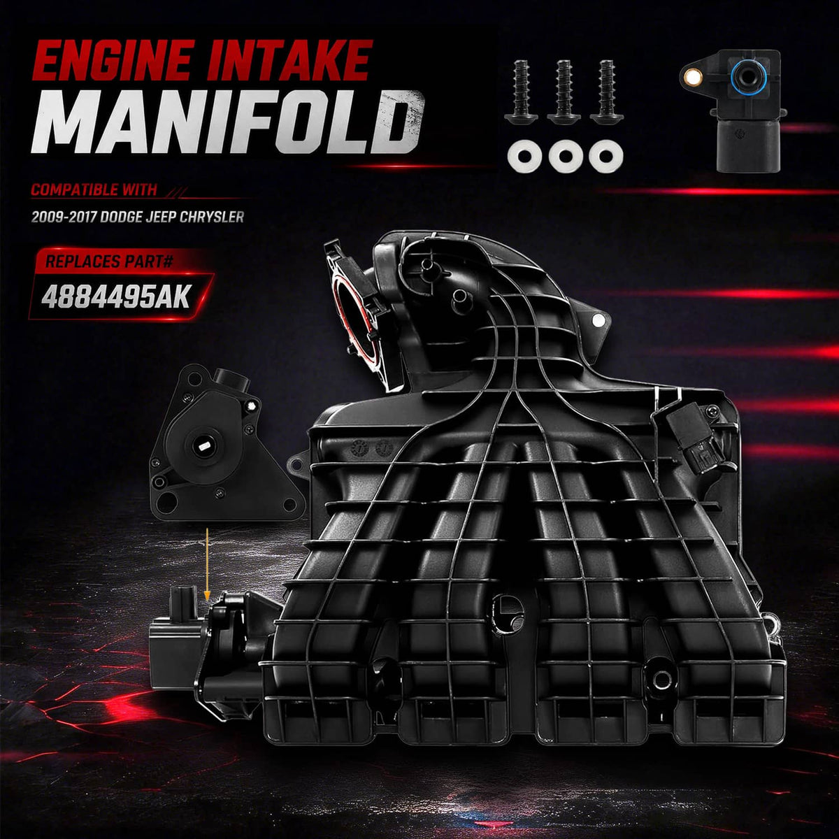 Black engine intake manifold with runner control valve sensor and included mounting screws