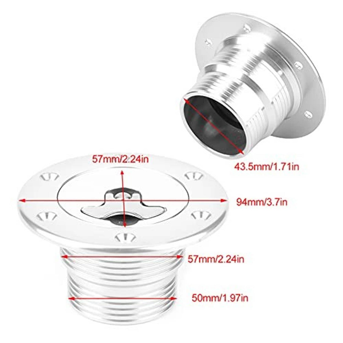 Billet aluminum fuel filler cap with threaded neck and black sealing rim, angled view