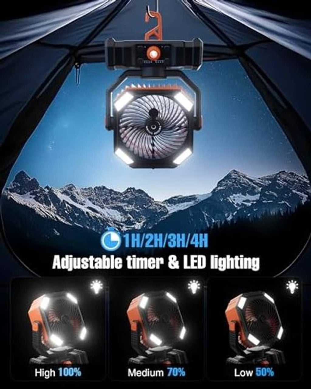 Portable misting fan inside tent with LED glow, black and orange housing