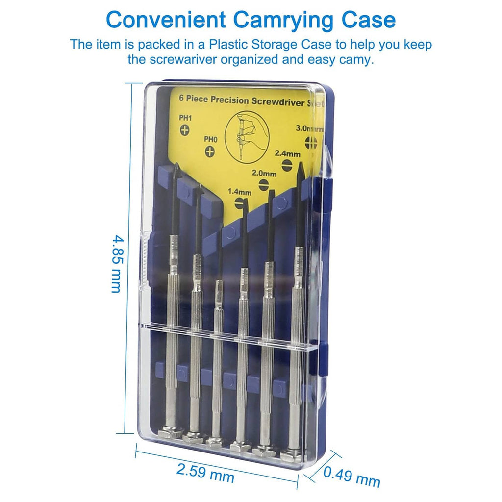 Plastic carrying case holding 6 precision screwdrivers with labeled compartments