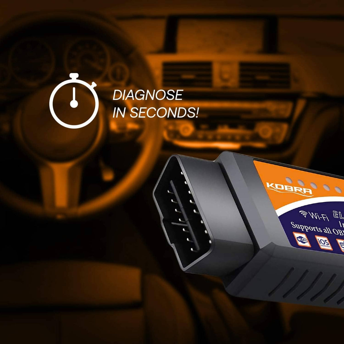 OBD2 Wi‑Fi car code reader showing front OBD plug and orange top panel.