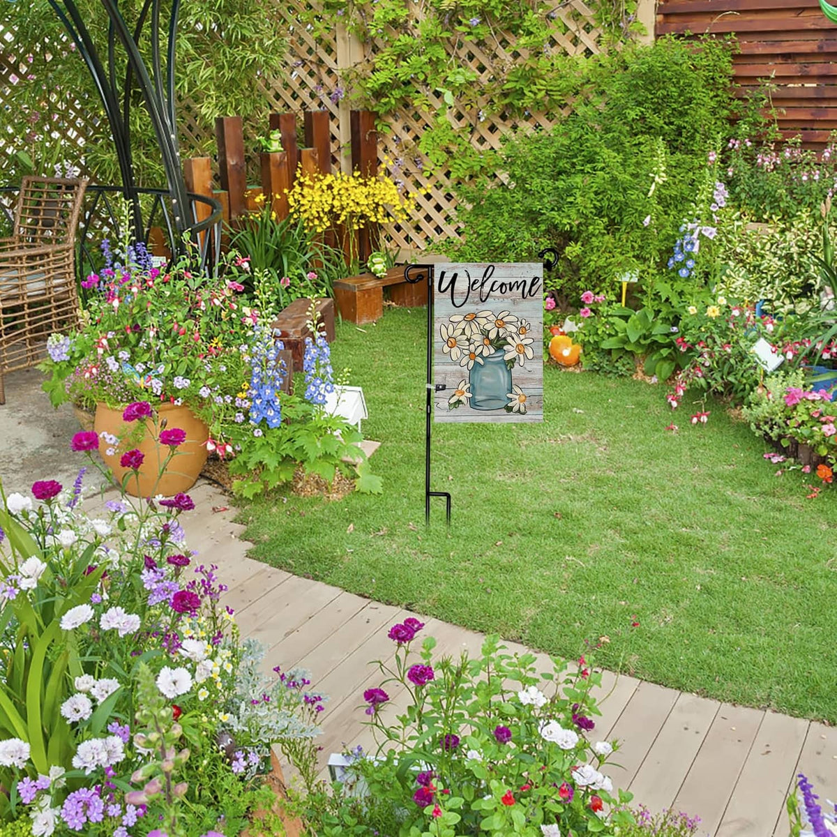 Outdoor garden flag holder stake with black stopper clips and banner attachment