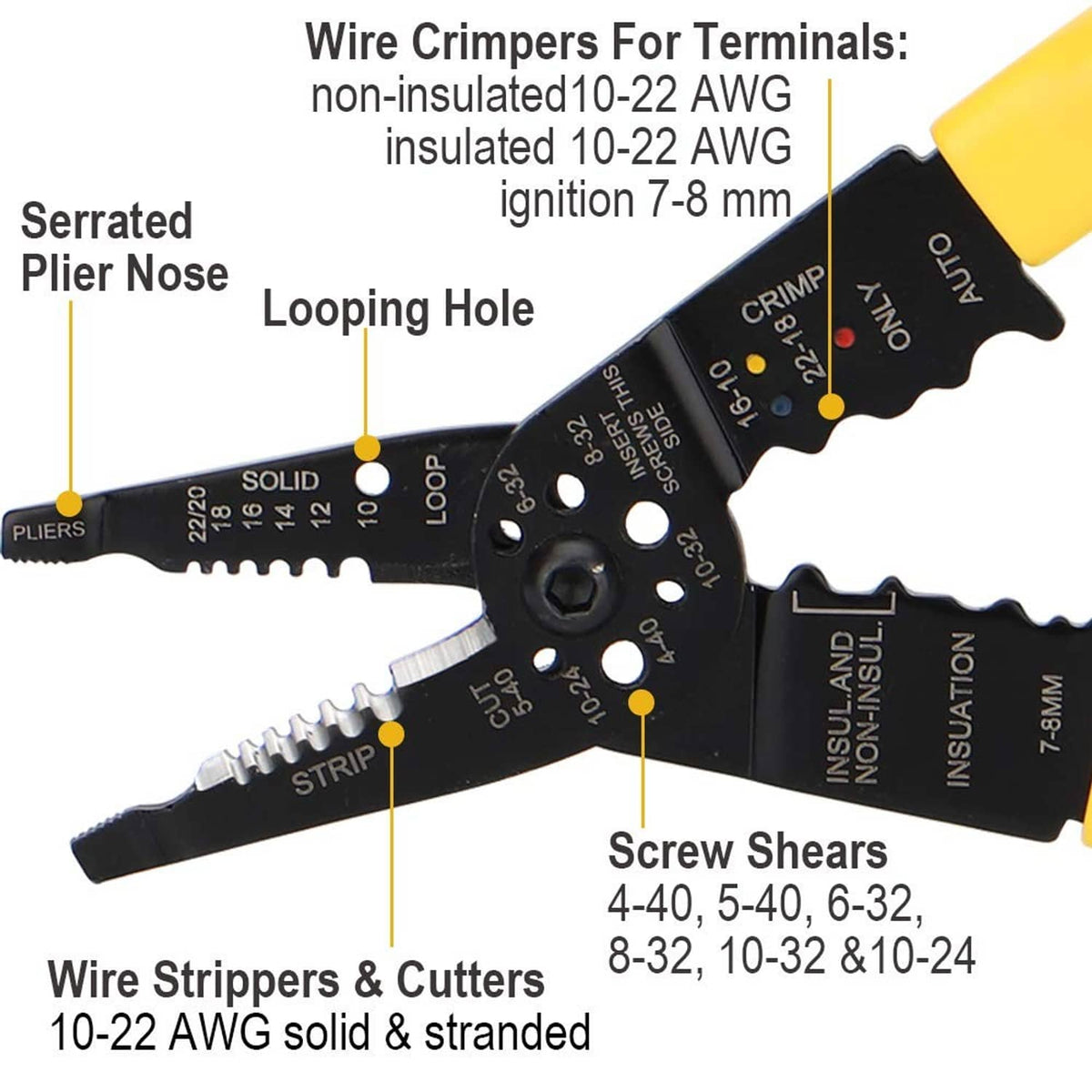 Wire crimper stripper tool with serrated nose, loop hole section, and yellow handles
