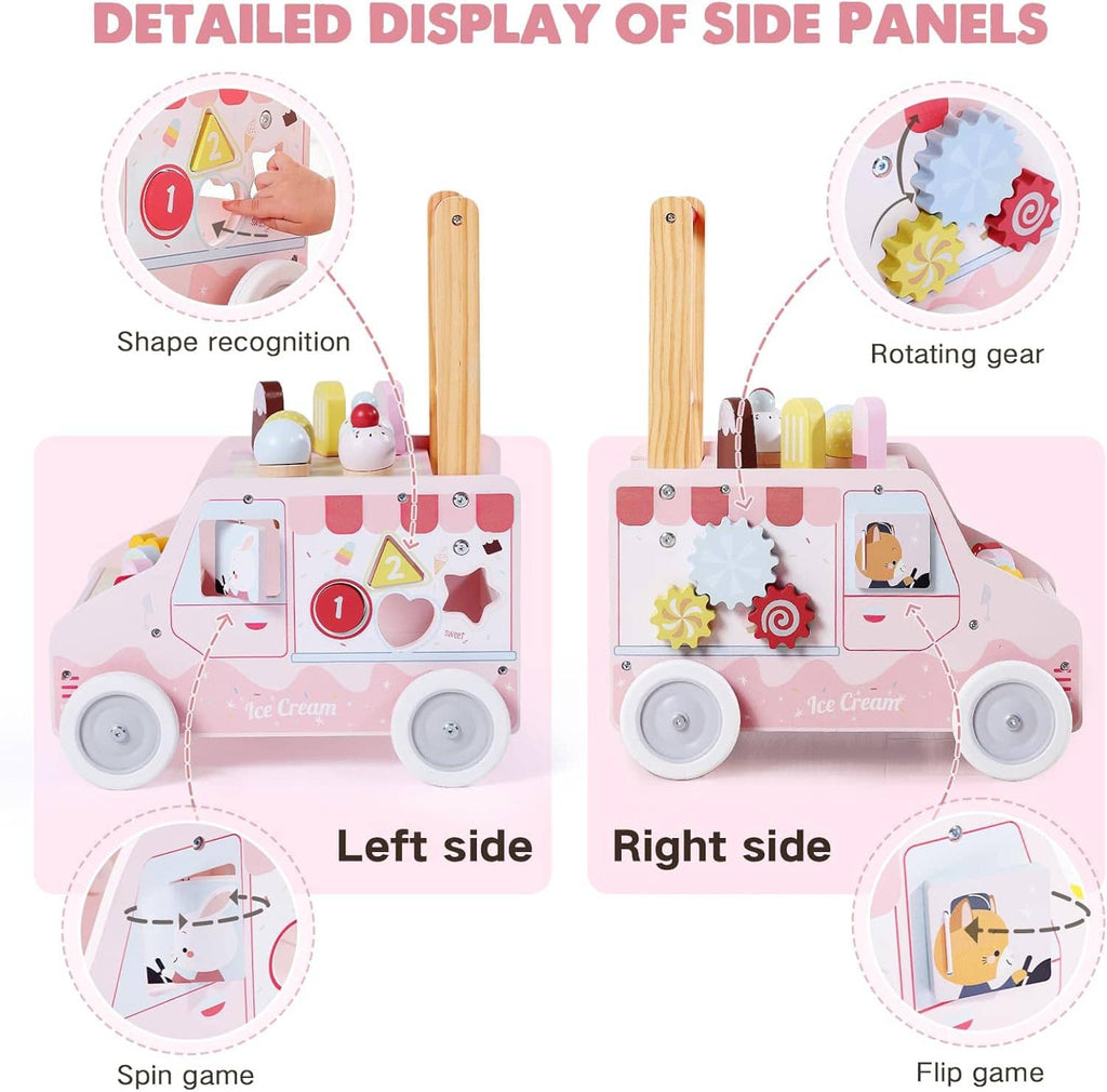 Pink wooden push walker with side activity panels, rotating gears, and shape recognition