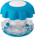 Blue plastic pill crusher with white lid and clear storage container base.