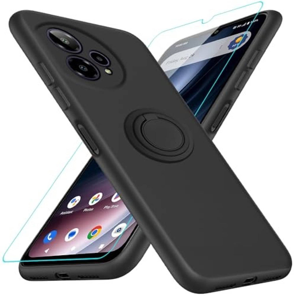Black slim phone case angled view with circular ring holder and triple camera cutouts.